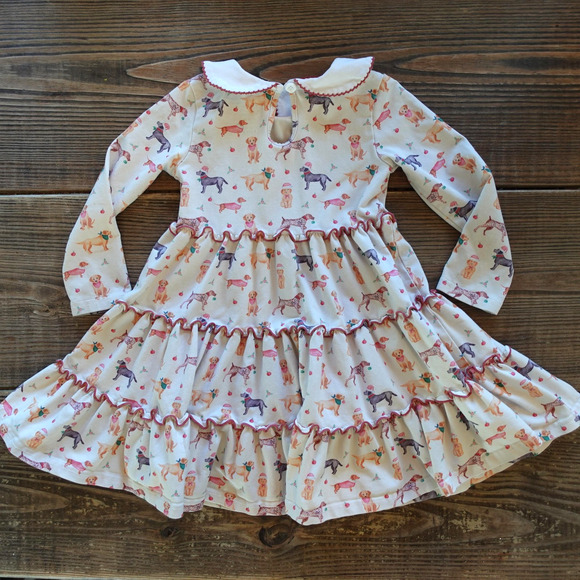 Serendipity Shrimp & Grits Dress Girls XS Dog Print Peter Pan Ruffle Christmas - Picture 3 of 5